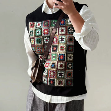 BONSIR  -  Black Embroidered Men's Knitted Vest High Street Style Loose Top Autumn Winter Casual Comfortable Male Clothing